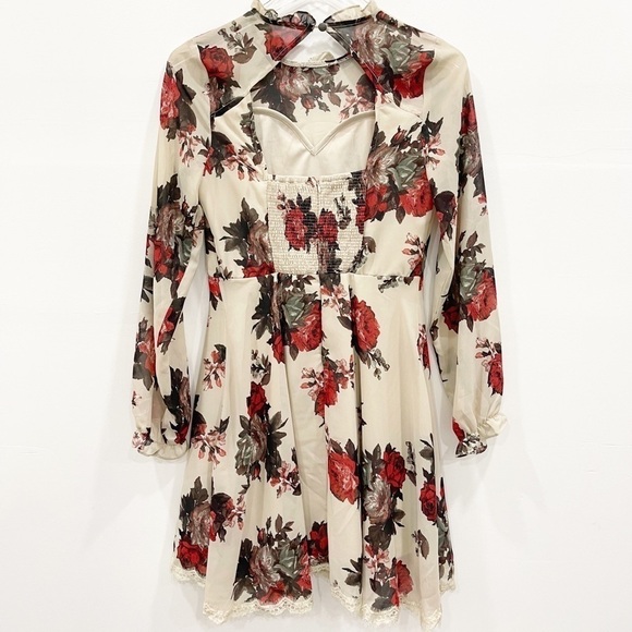 Soieblu Long Sleeve Smock Open Back Floral Dress Lace Trim Cream Ruffle Neck M - Picture 2 of 7